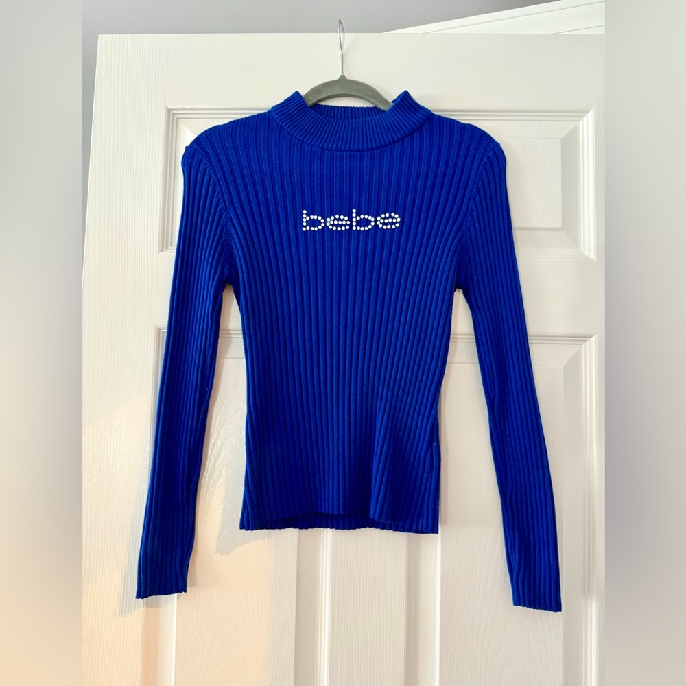 Bebe Blue Ribbed Long Sleeve Top
